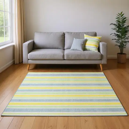 Denim Blue And Yellow Striped Washable Area Rug With UV Protection Photo 2