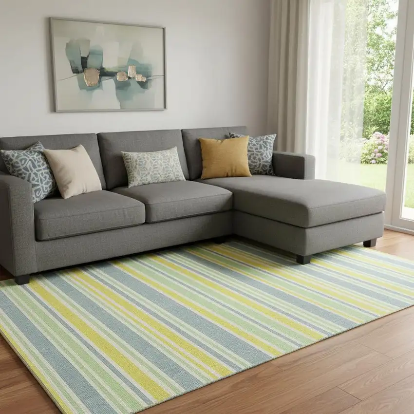 Denim Blue And Yellow Striped Washable Area Rug With UV Protection Photo 1