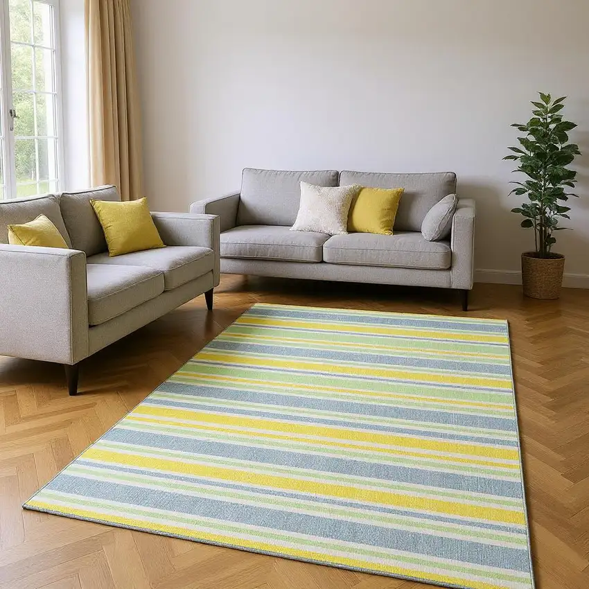 Denim Blue And Yellow Striped Washable Area Rug With UV Protection Photo 2