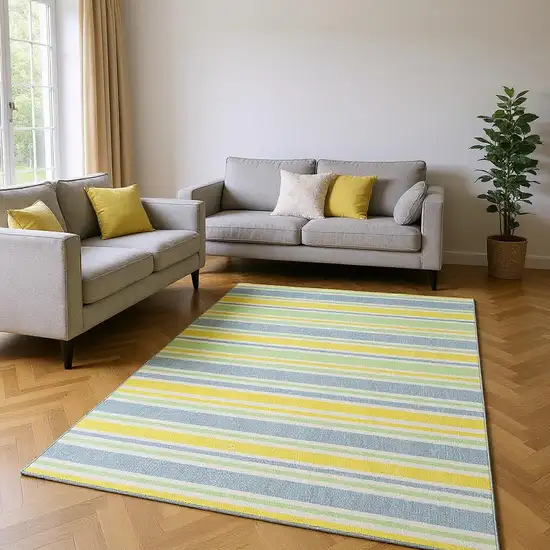 Denim Blue And Yellow Striped Washable Area Rug With UV Protection Photo 2