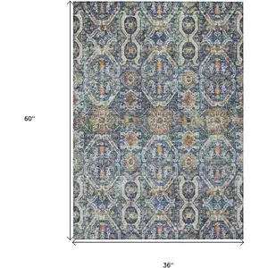 Photo of Denim Blue Beige And Brown Floral Washable Indoor Outdoor Area Rug