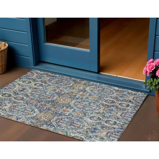 Denim Blue Beige And Brown Floral Washable Indoor Outdoor Area Rug Photo 1