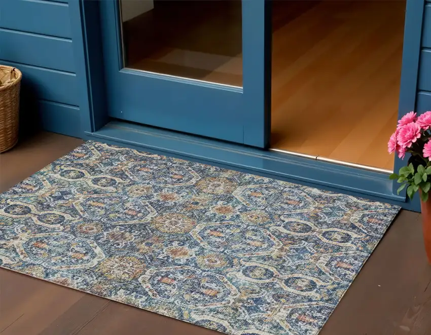 Denim Blue Beige And Brown Floral Washable Indoor Outdoor Area Rug Photo 1