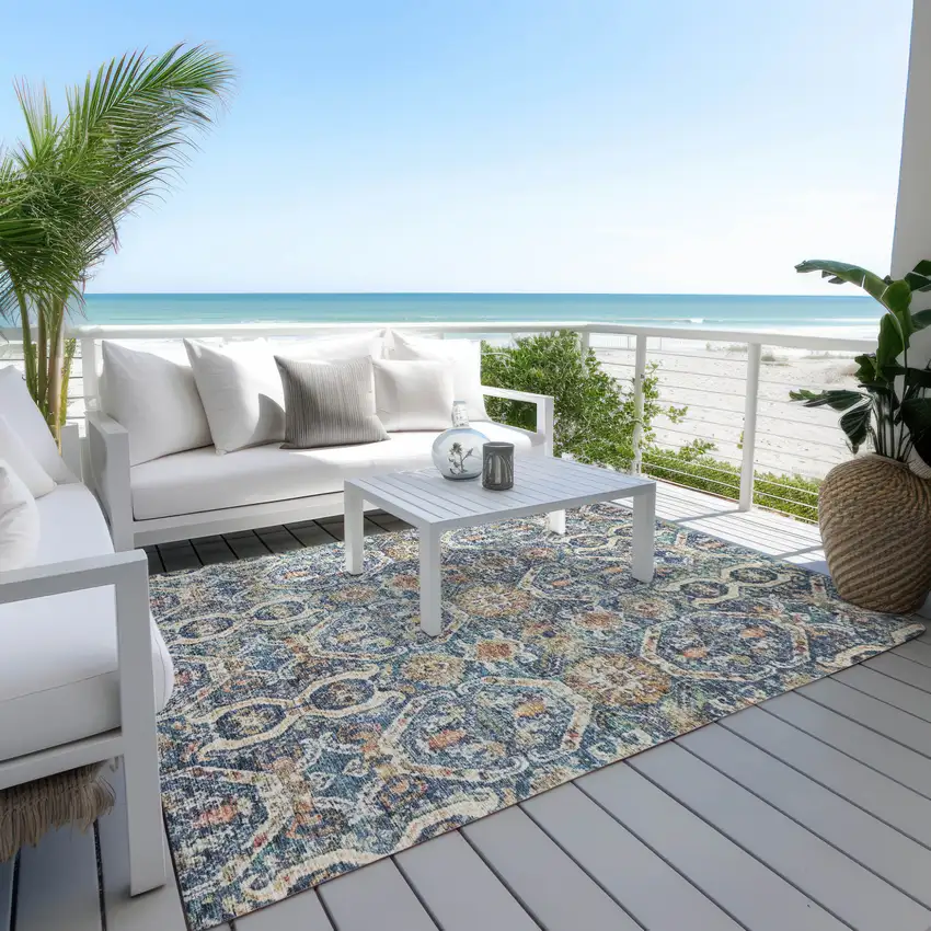 Denim Blue Beige And Brown Floral Washable Indoor Outdoor Area Rug Photo 9