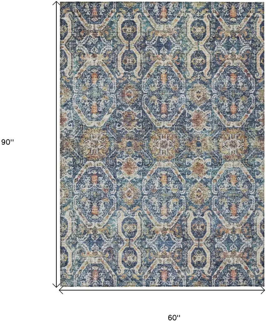 Denim Blue Beige And Brown Floral Washable Indoor Outdoor Area Rug Photo 3