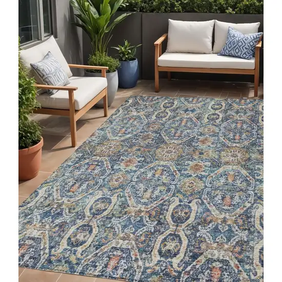 Denim Blue Beige And Brown Floral Washable Indoor Outdoor Area Rug Photo 1
