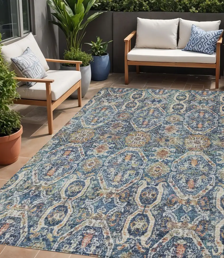 Denim Blue Beige And Brown Floral Washable Indoor Outdoor Area Rug Photo 1