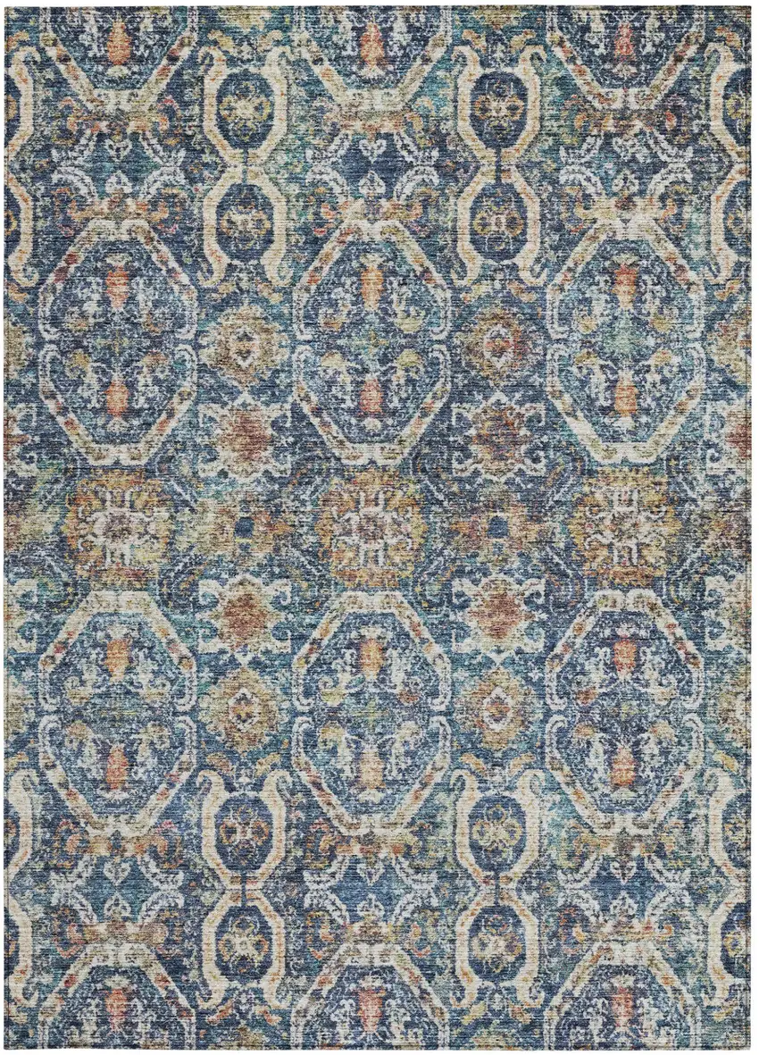 Denim Blue Beige And Brown Floral Washable Indoor Outdoor Area Rug Photo 8