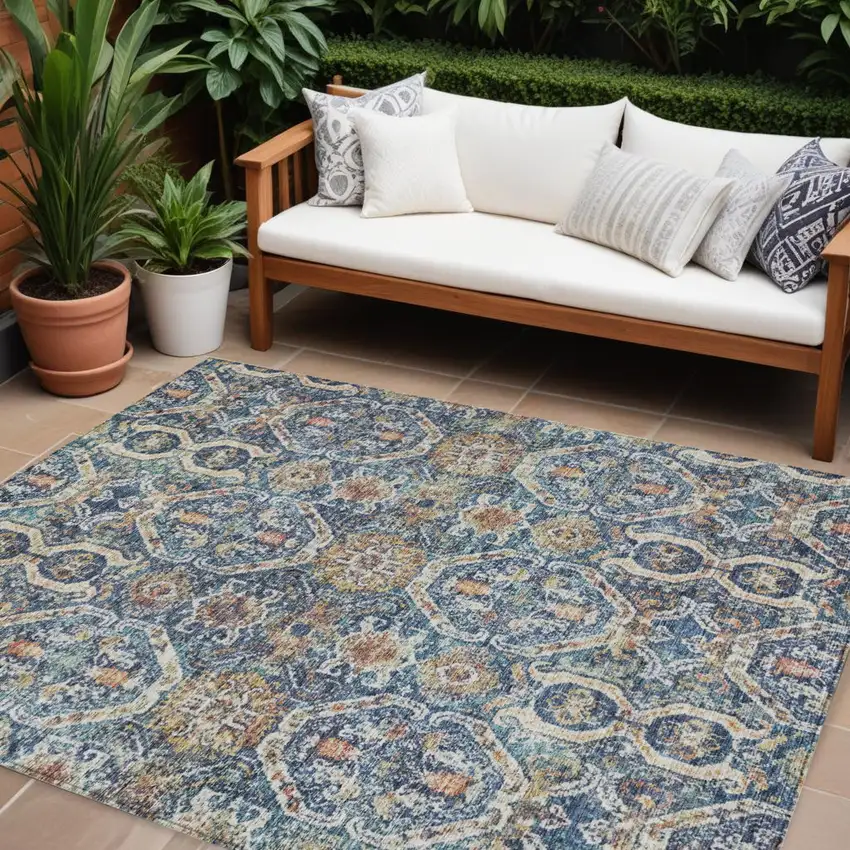 Denim Blue Beige And Brown Floral Washable Indoor Outdoor Area Rug Photo 1