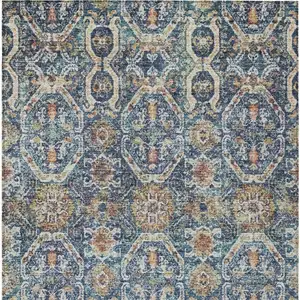Photo of Denim Blue Beige And Brown Floral Washable Indoor Outdoor Area Rug