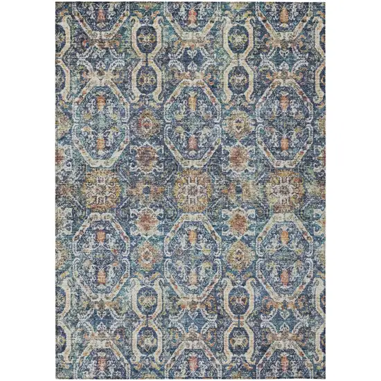 Denim Blue Beige And Brown Floral Washable Indoor Outdoor Area Rug Photo 2