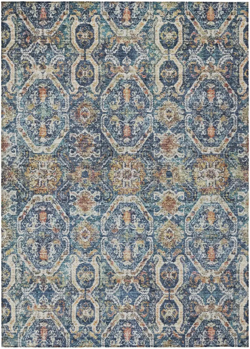 Denim Blue Beige And Brown Floral Washable Indoor Outdoor Area Rug Photo 2