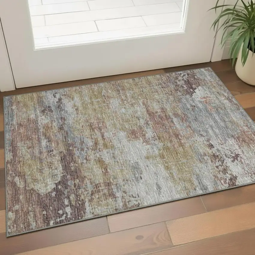 Denim Blue Beige And Copper Floral Washable Area Rug With UV Protection Photo 2