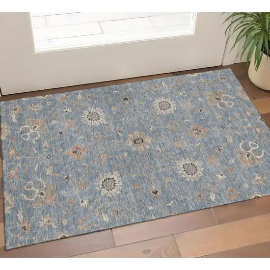 Denim Blue Beige And Copper Floral Washable Area Rug With UV Protection Photo 1