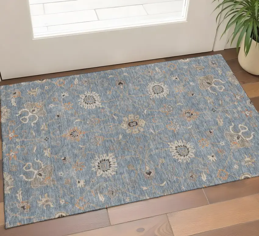 Denim Blue Beige And Copper Floral Washable Area Rug With UV Protection Photo 1
