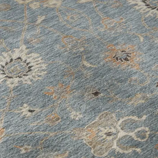 Denim Blue Beige And Copper Floral Washable Area Rug With UV Protection Photo 1