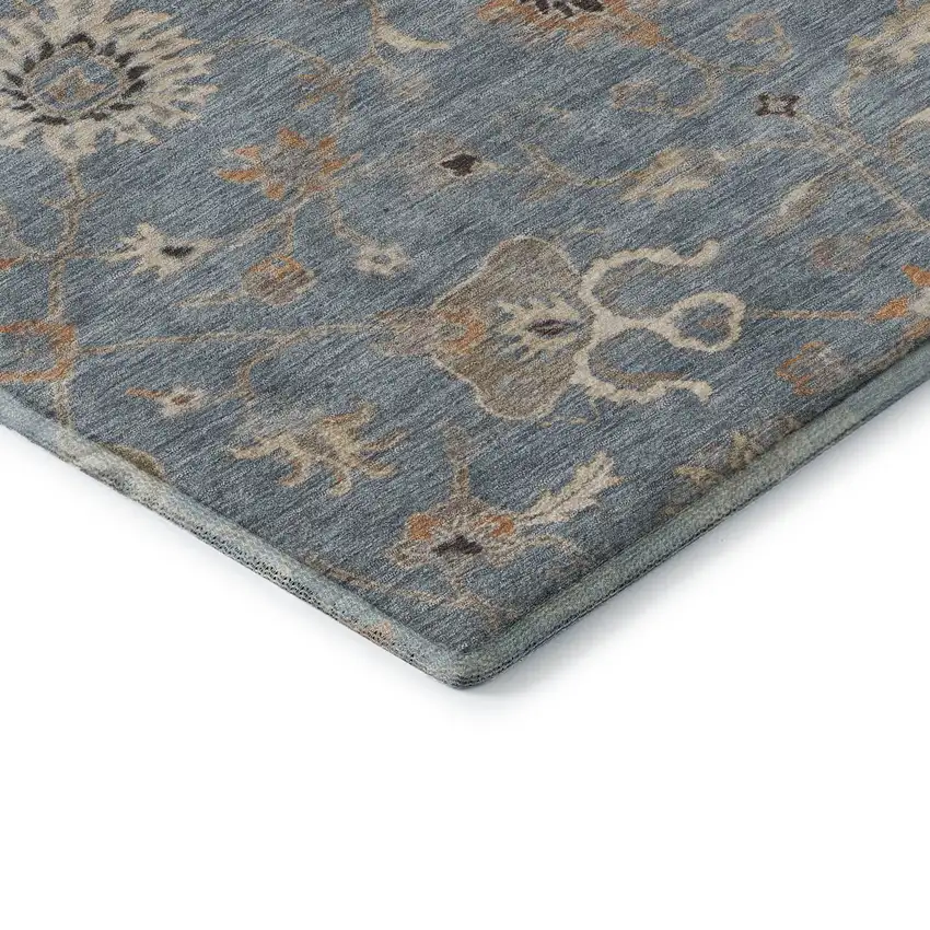 Denim Blue Beige And Copper Floral Washable Area Rug With UV Protection Photo 8