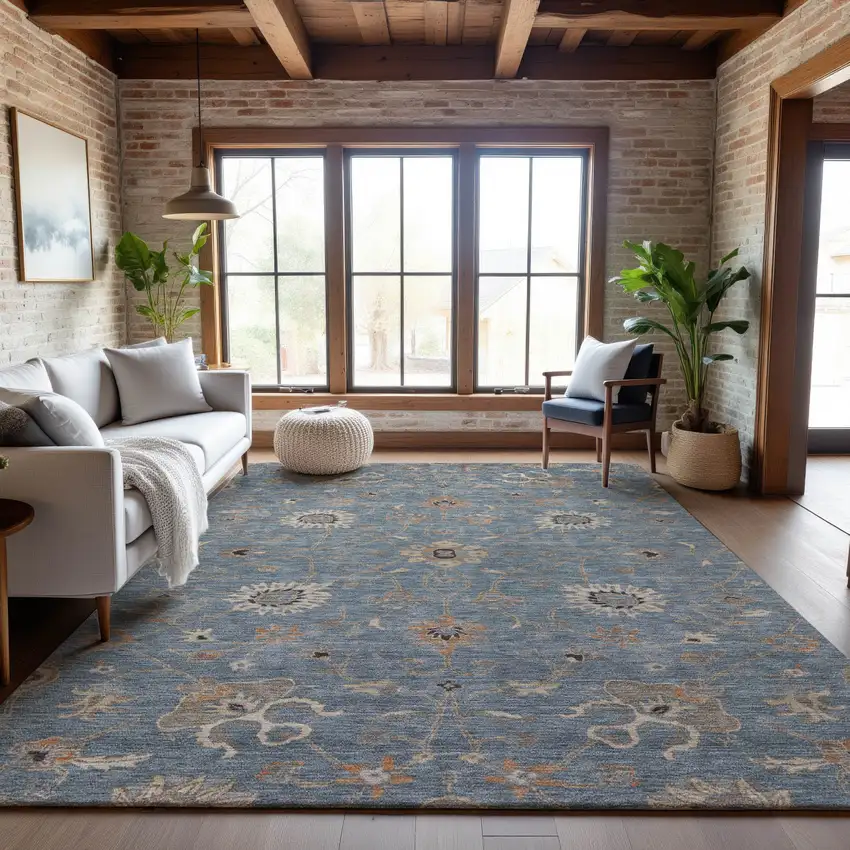 Denim Blue Beige And Copper Floral Washable Area Rug With UV Protection Photo 4