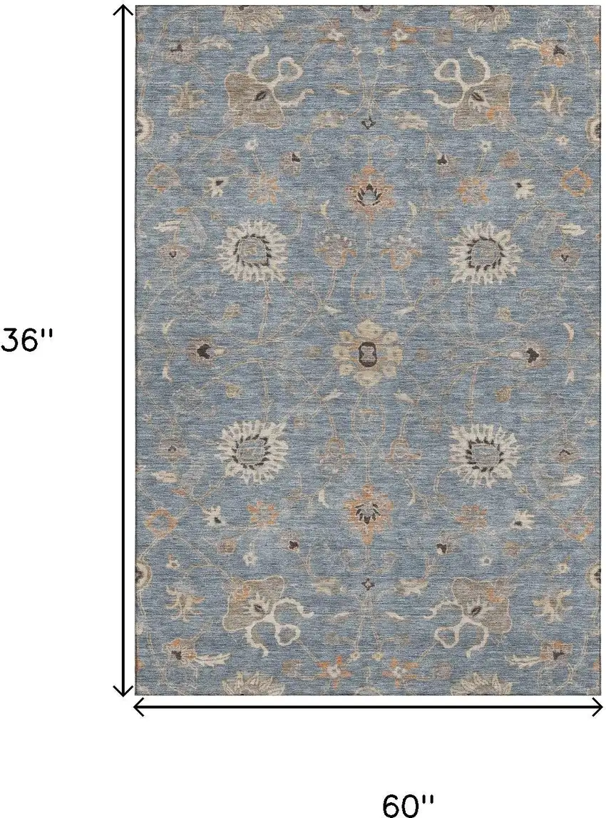 Denim Blue Beige And Copper Floral Washable Area Rug With UV Protection Photo 9