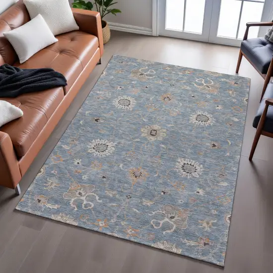 Denim Blue Beige And Copper Floral Washable Area Rug With UV Protection Photo 5