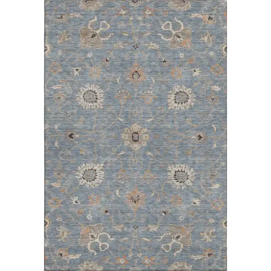 Denim Blue Beige And Copper Floral Washable Area Rug With UV Protection Photo 6