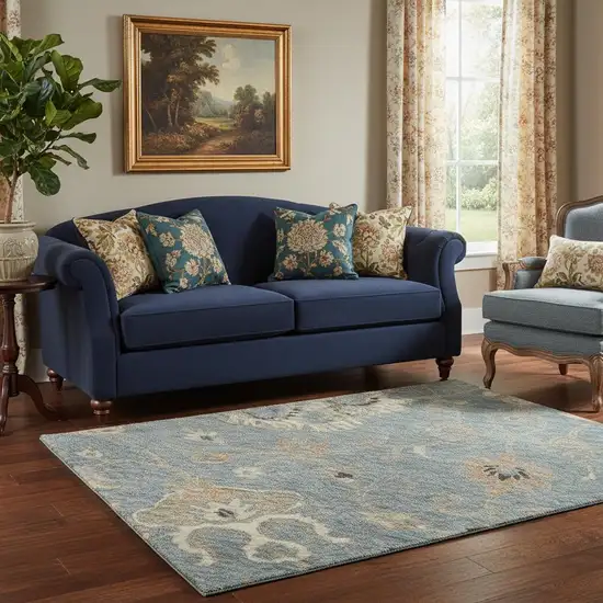 Denim Blue Beige And Copper Floral Washable Area Rug With UV Protection Photo 2