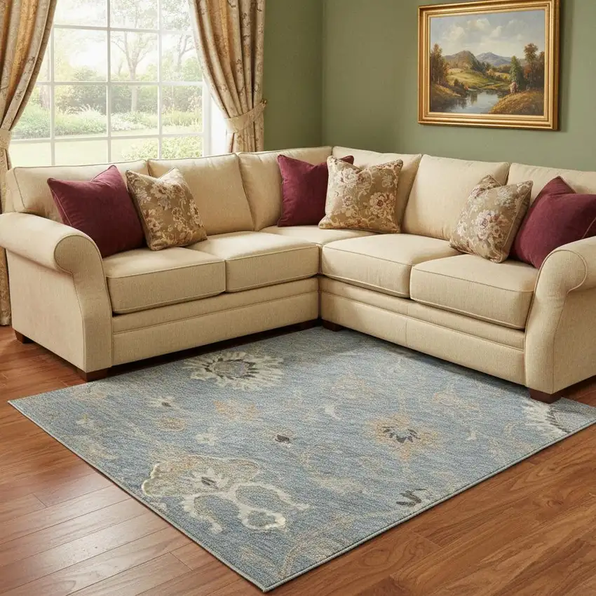 Denim Blue Beige And Copper Floral Washable Area Rug With UV Protection Photo 2