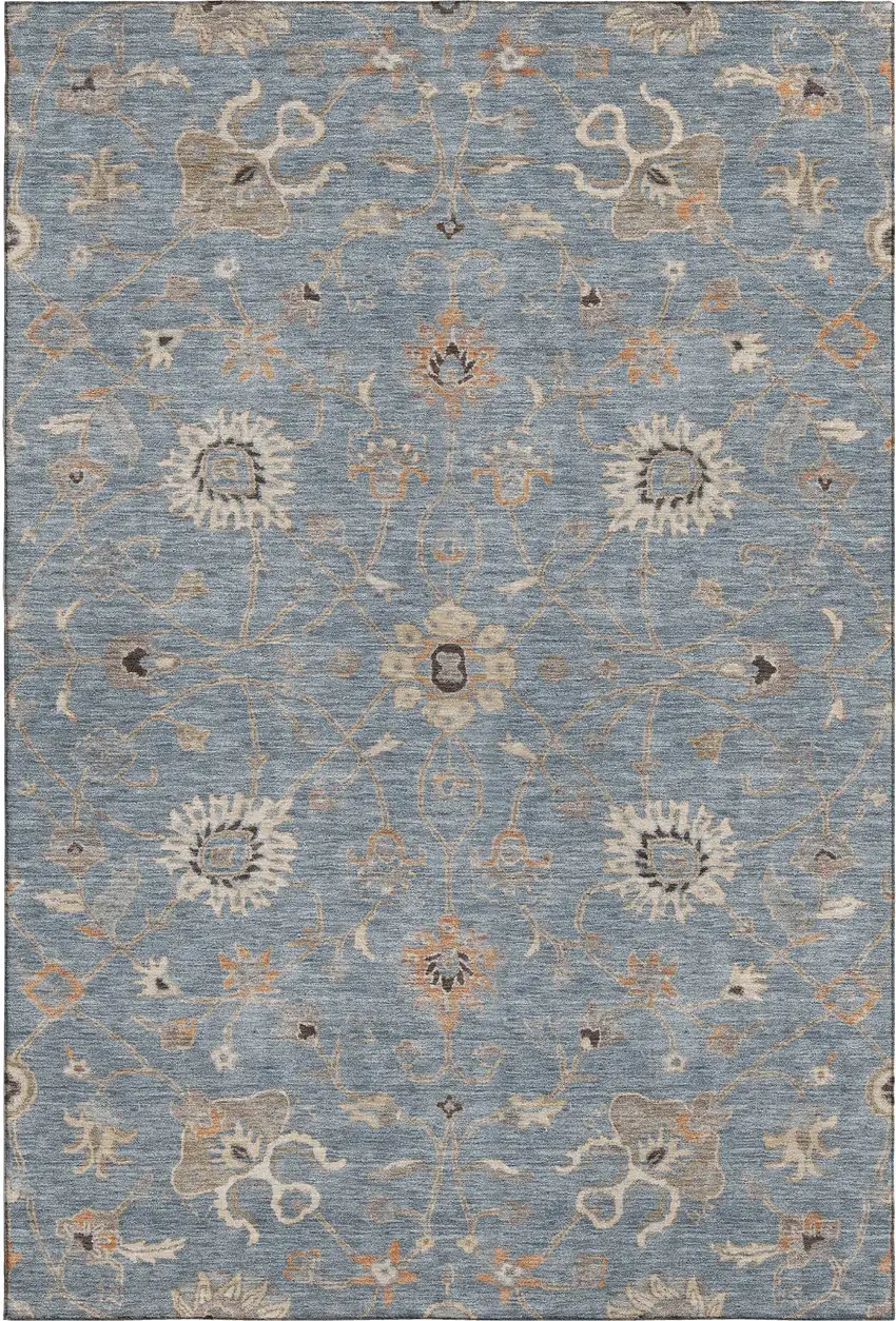 Denim Blue Beige And Copper Floral Washable Area Rug With UV Protection Photo 6