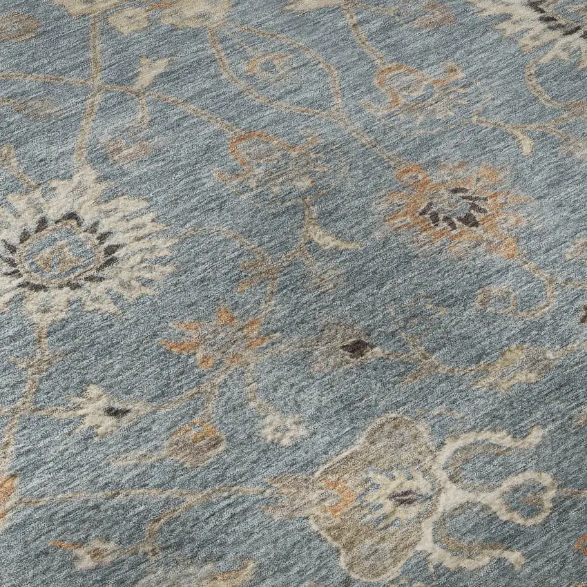 Denim Blue Beige And Copper Floral Washable Area Rug With UV Protection Photo 1