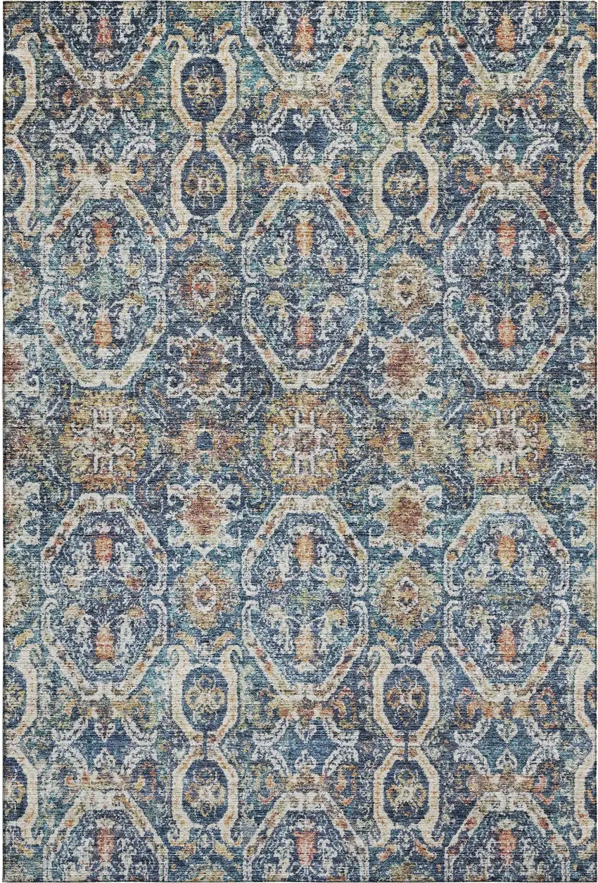 Denim Blue Beige And Copper Medallion Washable Area Rug With UV Protection Photo 6