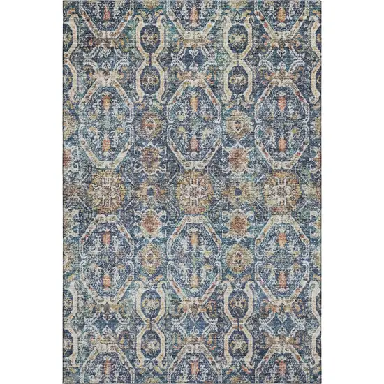Denim Blue Beige And Copper Medallion Washable Area Rug With UV Protection Photo 6