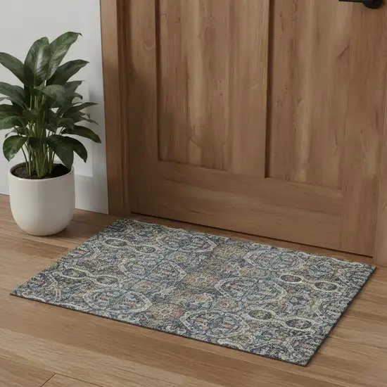 Denim Blue Beige And Copper Medallion Washable Area Rug With UV Protection Photo 1