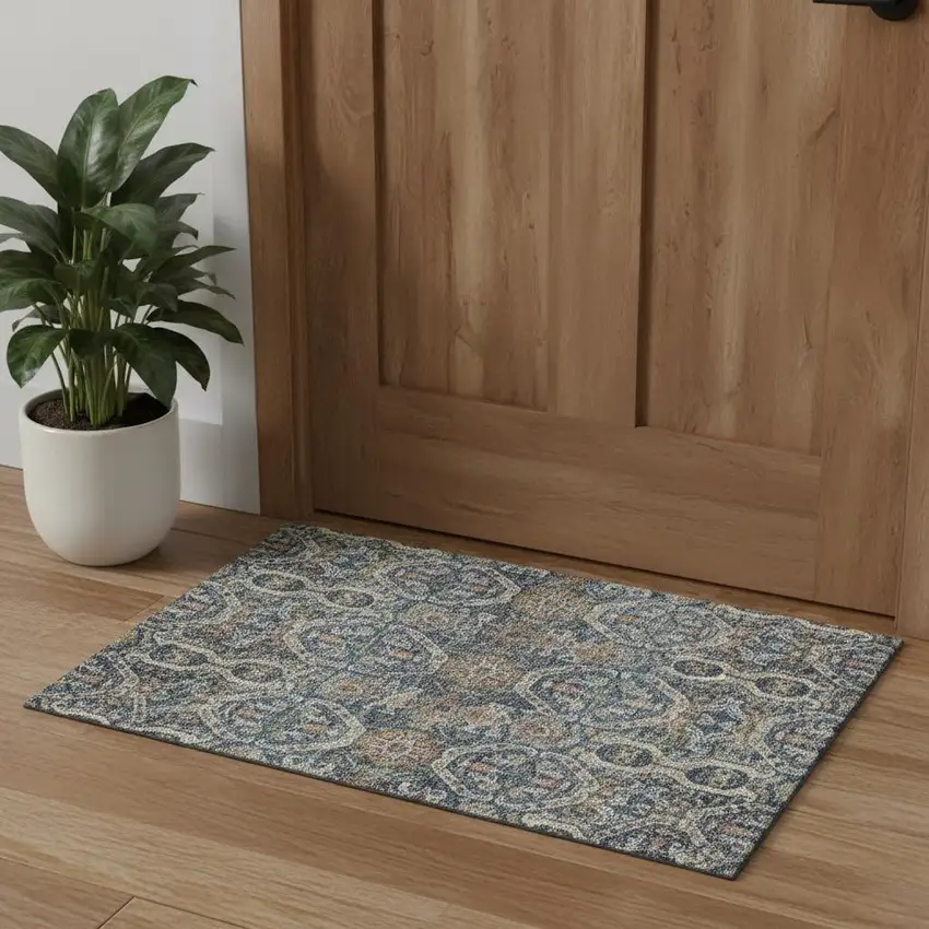 Denim Blue Beige And Copper Medallion Washable Area Rug With UV Protection Photo 1