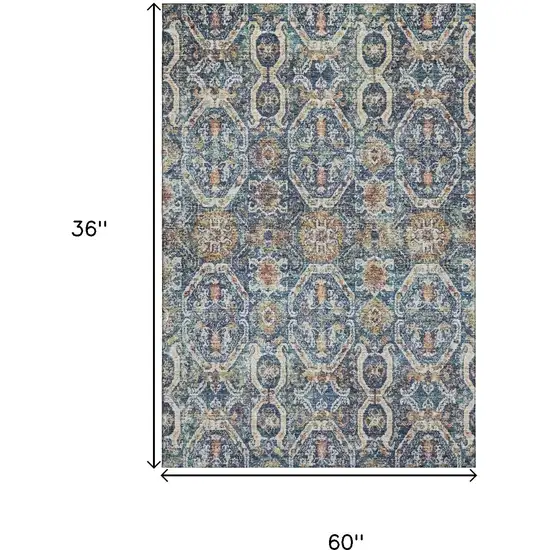 Denim Blue Beige And Copper Medallion Washable Area Rug With UV Protection Photo 3