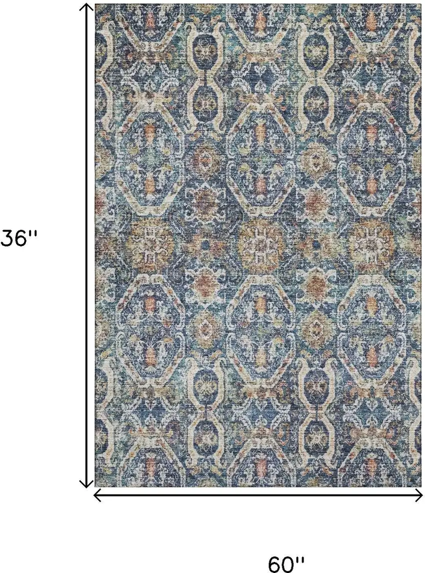 Denim Blue Beige And Copper Medallion Washable Area Rug With UV Protection Photo 3