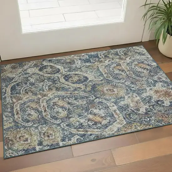 Denim Blue Beige And Copper Medallion Washable Area Rug With UV Protection Photo 2