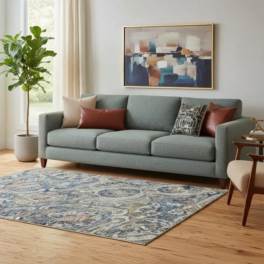 Denim Blue Beige And Copper Medallion Washable Area Rug With UV Protection Photo 2