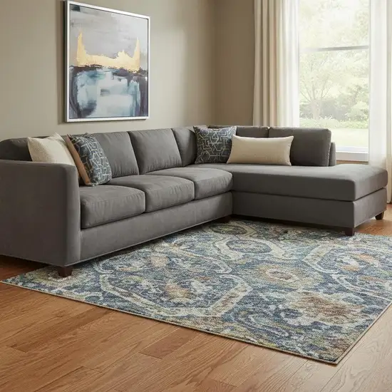 Denim Blue Beige And Copper Medallion Washable Area Rug With UV Protection Photo 2