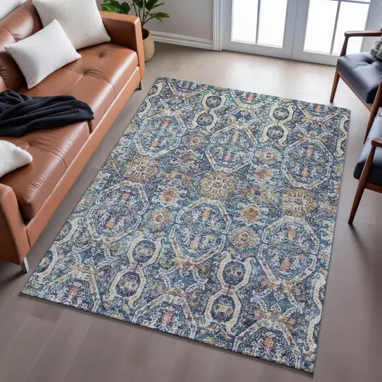 Denim Blue Beige And Copper Medallion Washable Area Rug With UV Protection Photo 5