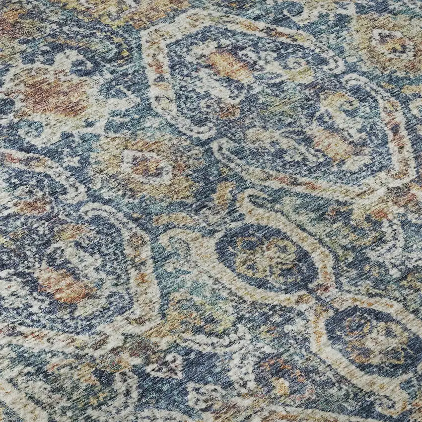 Denim Blue Beige And Copper Medallion Washable Area Rug With UV Protection Photo 1