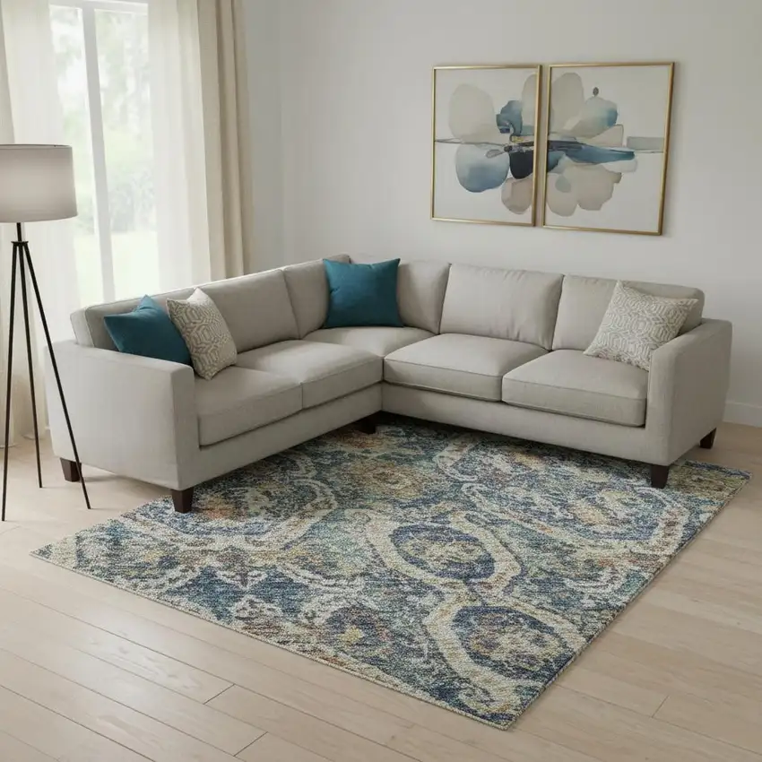 Denim Blue Beige And Copper Medallion Washable Area Rug With UV Protection Photo 2