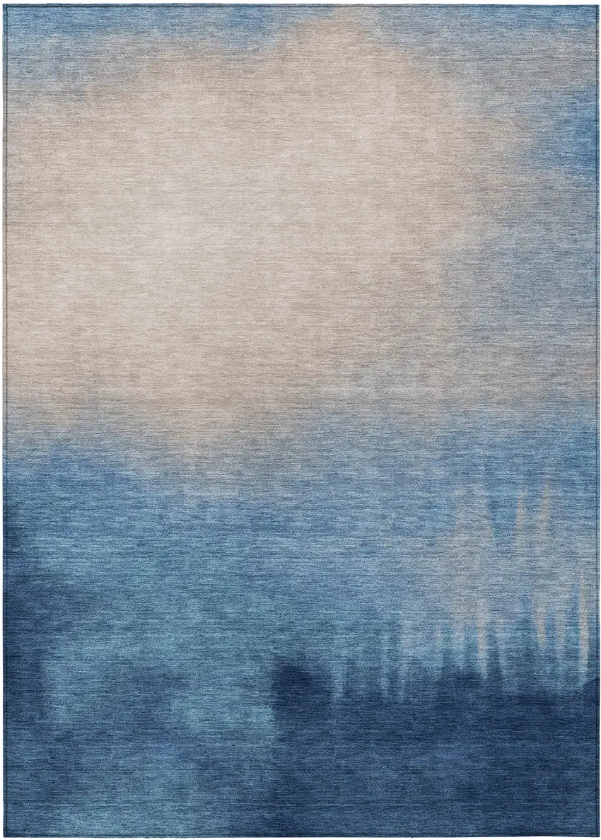 Denim Blue Beige And Cream Abstract Washable Indoor Outdoor Area Rug Photo 7