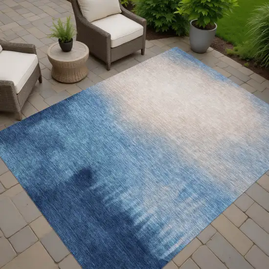 Denim Blue Beige And Cream Abstract Washable Indoor Outdoor Area Rug Photo 6