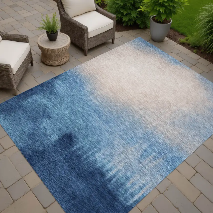 Denim Blue Beige And Cream Abstract Washable Indoor Outdoor Area Rug Photo 6