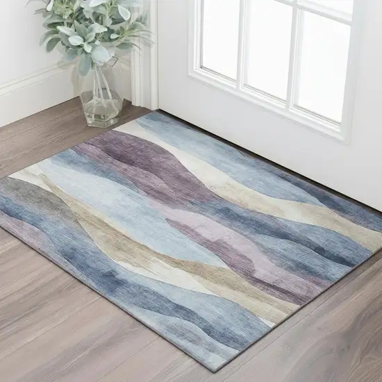 Denim Blue Beige And Eggplant Abstract Washable Area Rug With UV Protection Photo 2