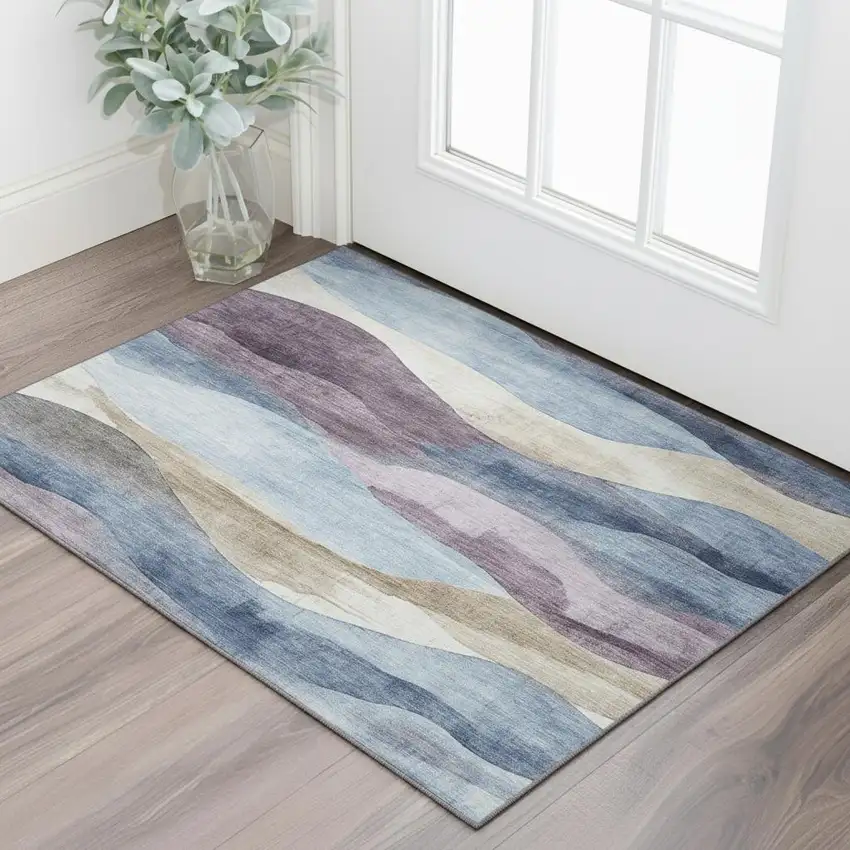 Denim Blue Beige And Eggplant Abstract Washable Area Rug With UV Protection Photo 2