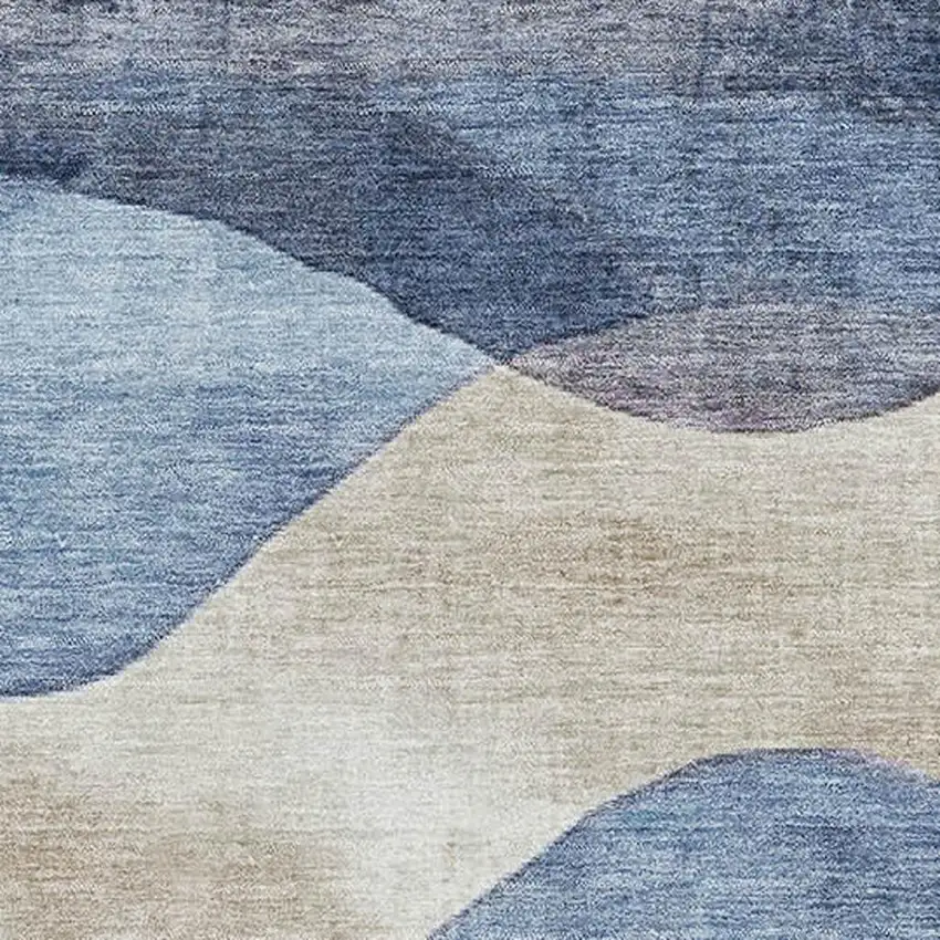 Denim Blue Beige And Eggplant Abstract Washable Area Rug With UV Protection Photo 3