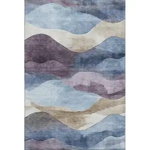 Photo of Denim Blue Beige And Eggplant Abstract Washable Area Rug With UV Protection