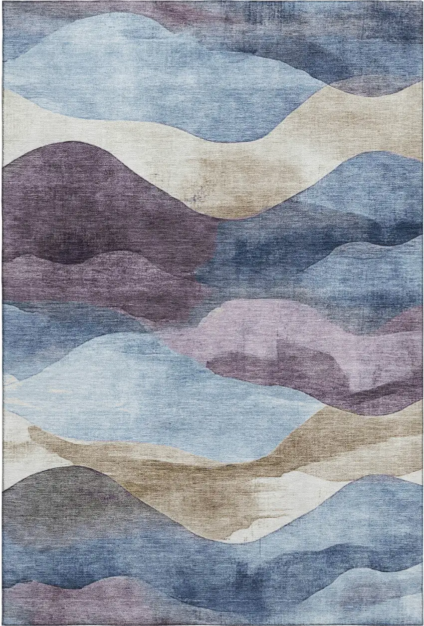 Denim Blue Beige And Eggplant Abstract Washable Area Rug With UV Protection Photo 1