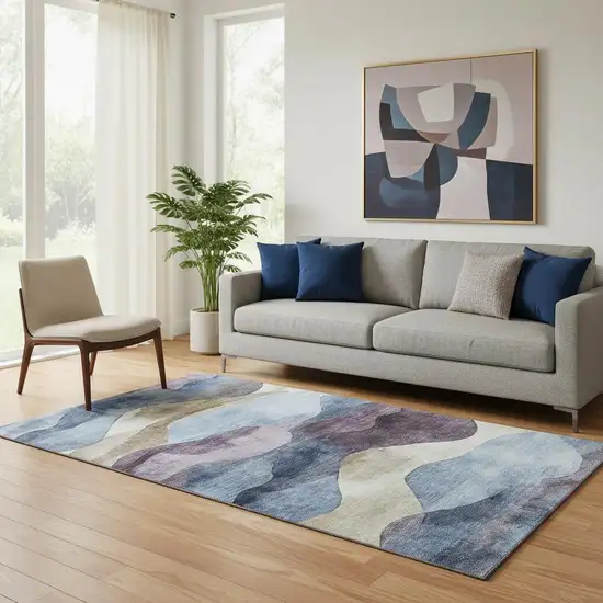 Denim Blue Beige And Eggplant Abstract Washable Area Rug With UV Protection Photo 2